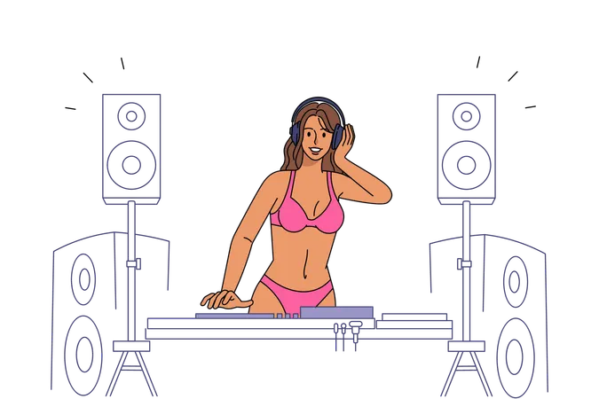 Sexy woman DJ in bikini play music  Illustration