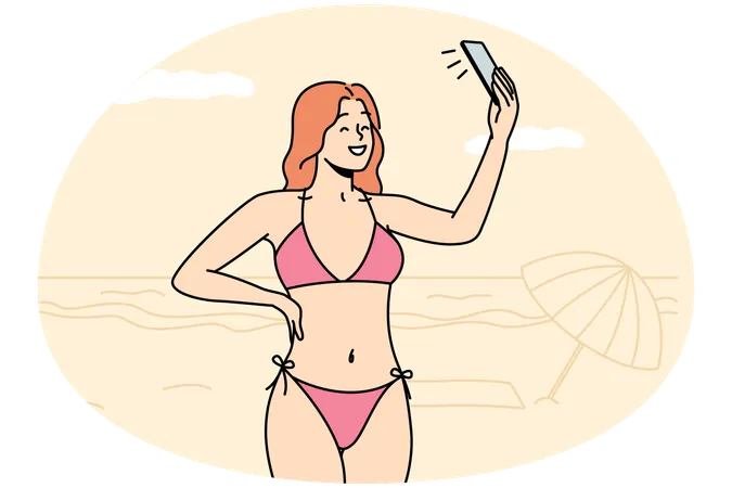 Sexy woman in bikini make selfie on beach  Illustration
