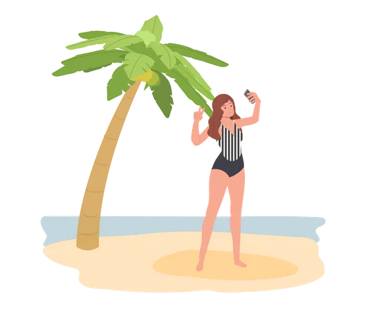 Sexy Woman On The Beach Taking Selfie With Seascape By Smartphone Illustration