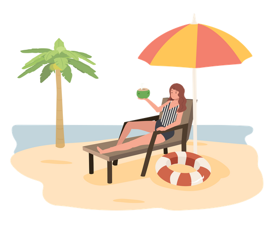 Sexy Woman Relaxing On The Beach With Coconut Drinks Juice  Illustration