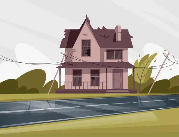Shabby house with broken windows and roof Illustration