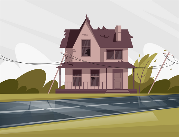 Shabby house with broken windows and roof  Illustration