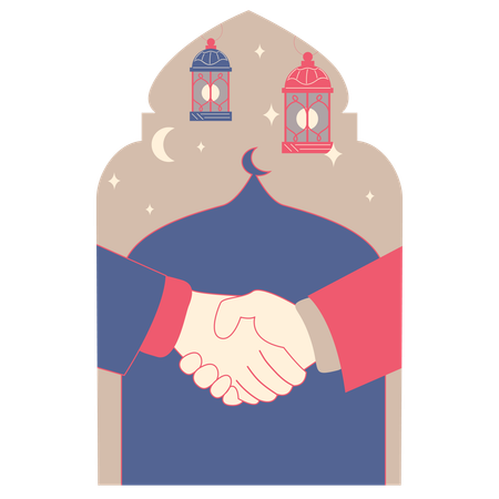 Shake Hands with The Moon and Stars in The Background  Illustration