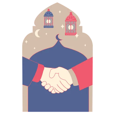 Shake Hands with The Moon and Stars in The Background  Illustration