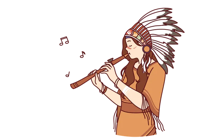 Injun Or Shaman Woman Playing Flute Dressed In Ethnic Attire And Headdress With Feathers Young Girl Participates In Native American Band And Performs Traditional Injun Song On Musical Instrument Illustration