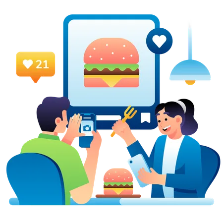 An Illustration Of Share Food Picture On Social Media イラスト