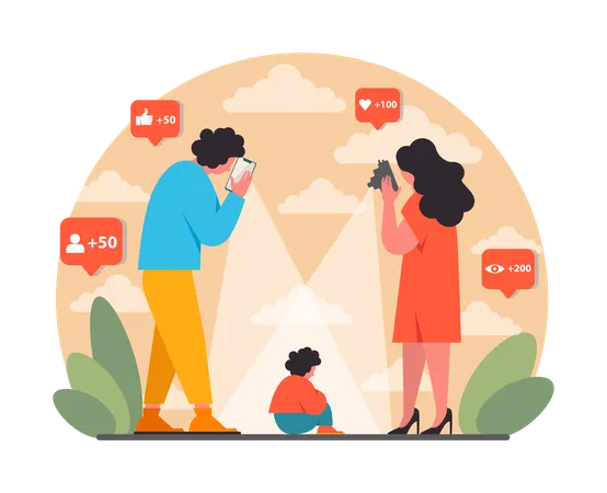 Sharent Parents Frequently Sharing Their Child Personal Data And Details In The Internet Mom And Dad Compulsively Post Pictures And Vlogging Their Child On Social Media Flat Vector Illustration Illustration