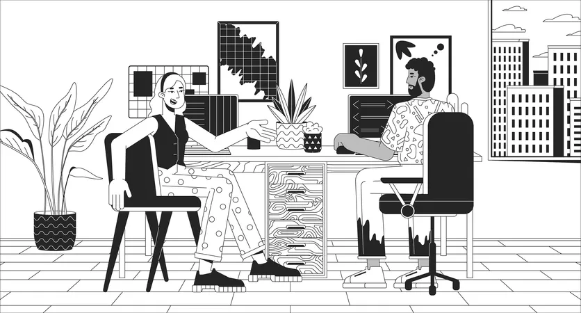 Sharing Home Office Black And White Line Illustration Multiracial Colleagues Working Together In Apartment 2 D Characters Monochrome Background Coworking Space Outline Scene Vector Image Illustration