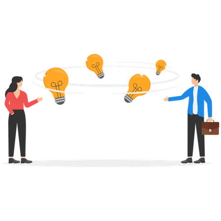 Sharing Ideas Or Knowledge In Workplace Transfer Experience Between Colleagues Exchange Perspective Concept Colleagues Having Conversation With Idea Light Bulbs Spinning Between Them Illustration