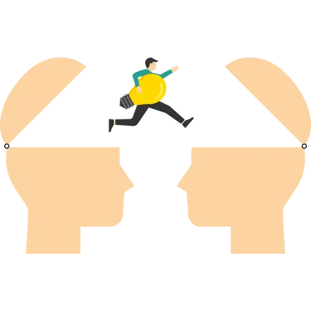 Skills Training Or Work Transition Concept Sharing Knowledge Or Sharing Ideas Between Employees Or Team Businessman Holding Idea Light Bulb Walking On Bridge From The Human Head Brain To Another Brain Illustration