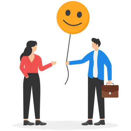 Sharing Positive Energy Between Workmates Creating A Positive Vibe In The Workplace Or Giving Happiness To Release Stress From Work Concepts Businessman Giving A Happy Face Balloon To A Coworker Illustration