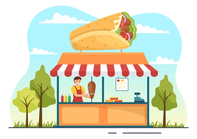 Kebab Vector Illustration With Stuffing Chicken Or Beef Meat Salad And Vegetables In Bread Tortilla Wrap In Flat Cartoon Hand Drawn Templates イラスト