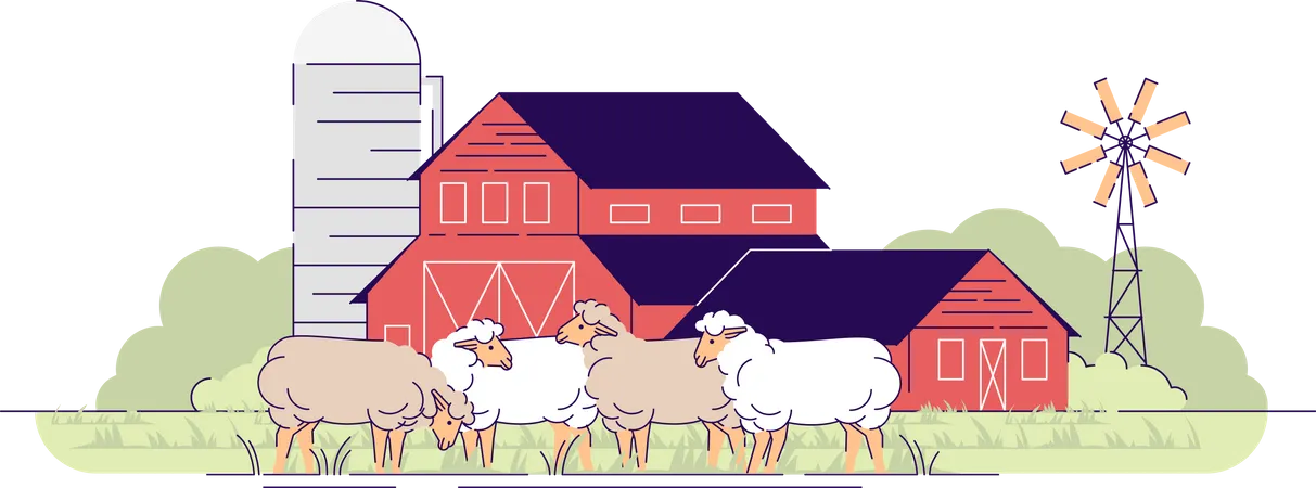 Sheep Farm Flat Vector Illustration Livestock Farming Animal Husbandry Cartoon Concept Sheeps Grazing On Farmyard Pasture Village Farmland With Barnyard Rural Ranch Wooden Red Barns Buildings Illustration