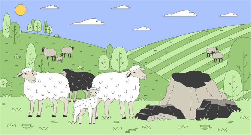 Sheep herd grazing on hilly pastureland  Illustration