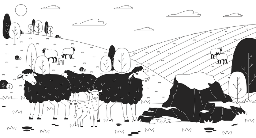 Sheep herd grazing on hilly pastureland  Illustration