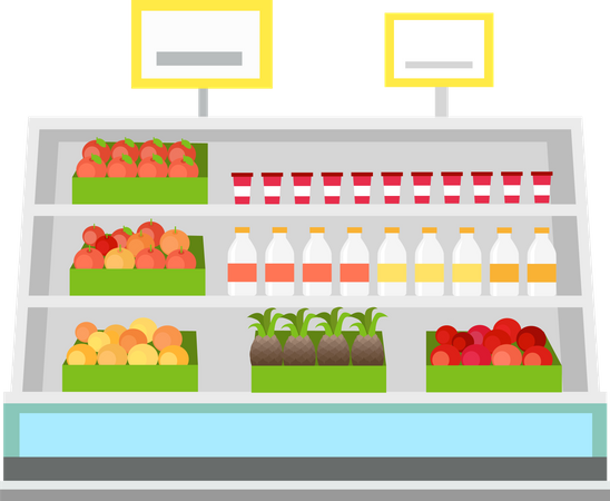 Shelves with products in grocery store  Illustration