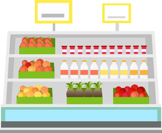 Shelves With Products In Grocery Store Vector In Flat Style Design Showcase With Tomatoes Apples Oranges Pineapples Milk Yogurt In Supermarket Assortment And Shop Equipment Concept Illustration