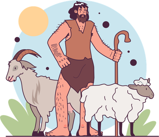 杖を持った羊飼いが羊を放牧している  イラスト