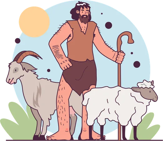 Shepherd with a cane grazing sheep  Illustration
