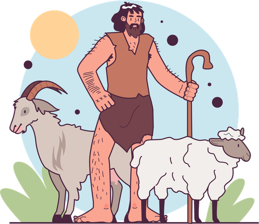 Shepherd with a cane grazing sheep  Illustration