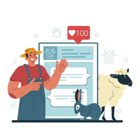 Shepherd With A Domestic Animals Online Service Or Platform Herdsman Taking Care Of Sheeps Cows Chickens And Rabbits Online Forum Flat Vector Illustration Illustration