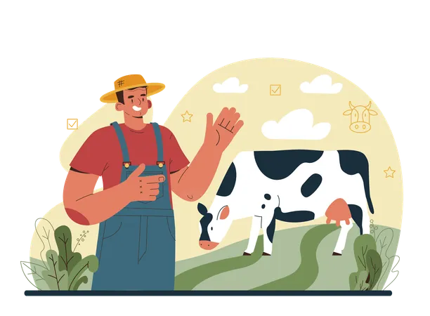 Shepherd With A Domestic Animals Herdsman Taking Care Of Sheeps Cows Chickens And Rabbits Cattle Breeder Farm Flat Vector Illustration Illustration