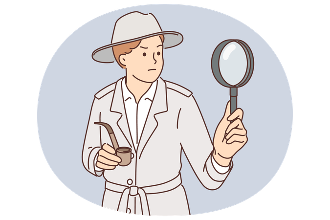 Sherlock Holmes con lupa investiga delitos mediante deducción y fuma en pipa  Ilustración