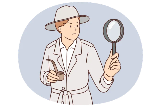 Sherlock Holmes con lupa investiga delitos mediante deducción y fuma en pipa  Ilustración