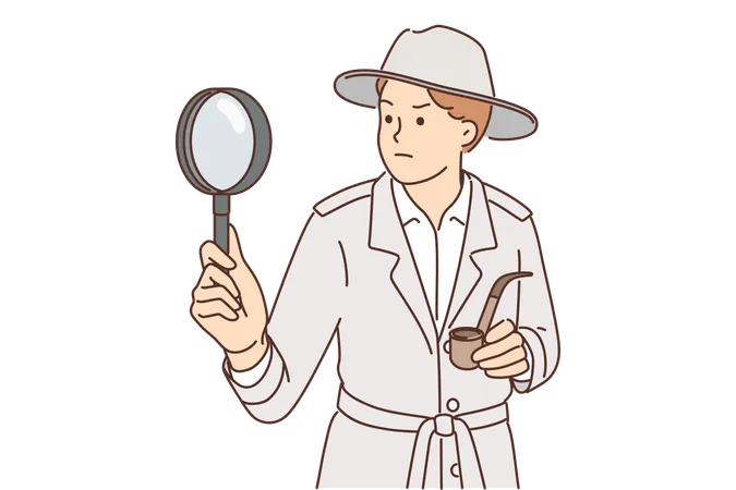 Sherlock Holmes With Magnifying Glass Investigates Crime Using Deduction Methods And Smokes Tobacco Pipe Sherlock Holmes Man Works As Detective Studying Evidence After Mysterious Robbery Illustration