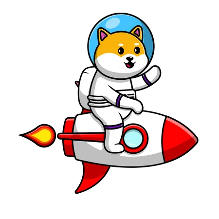 Shiba Inu Dog Astronauta montando foguete e acenando com a mão  Ilustração