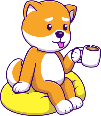 Cachorro Shiba Inu bebe café quente no travesseiro  Ilustração