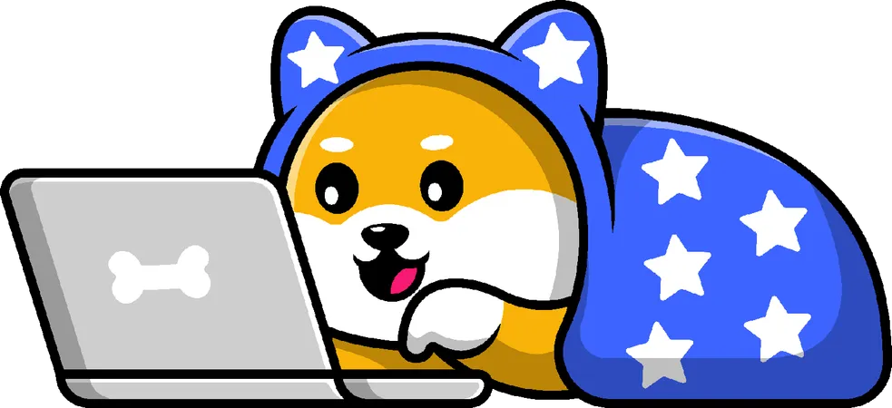 Cachorro Shiba Inu brincando com laptop e usando cobertor  Ilustração