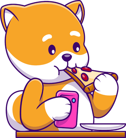 Cachorro Shiba Inu comendo fatia de pizza  Ilustração