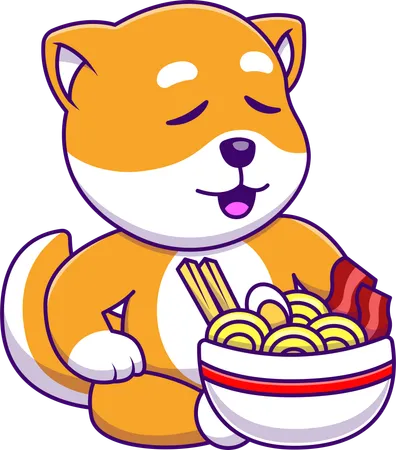 Cachorro Shiba Inu comendo macarrão ramen  Ilustração