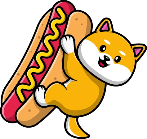 Chien Shiba Inu avec un gros hot-dog  Illustration