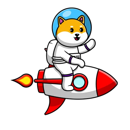 Shiba Inu Dog Astronaut Riding Rocket And Waving Hand  Illustration