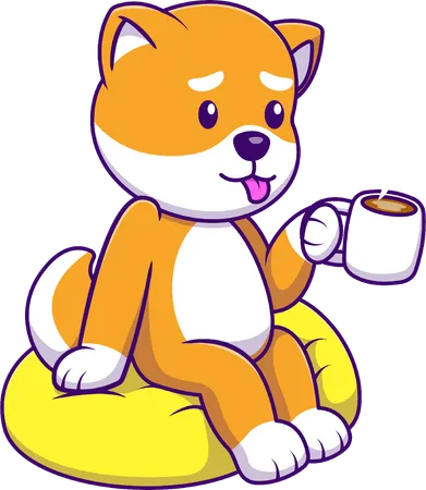 Shiba Inu Dog Drink Hot Coffee On Pillow  Illustration