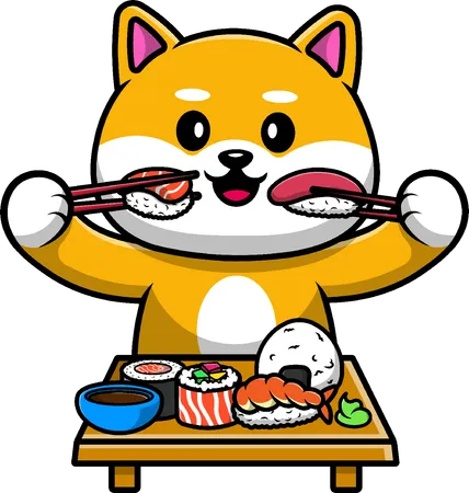Shiba Inu Dog Eating Sushi  イラスト