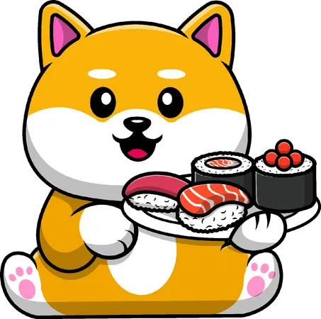 Shiba Inu Dog Holding Sushi  イラスト