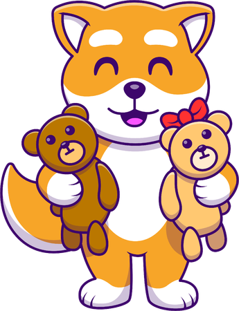 Shiba Inu Dog Holding Teddy Bear Toy  Illustration