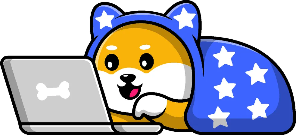Shiba Inu Dog Playing Laptop And Wearing Blanket  Illustration