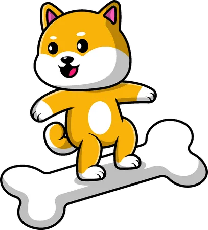 Shiba Inu Dog Surfing With Bone  Illustration