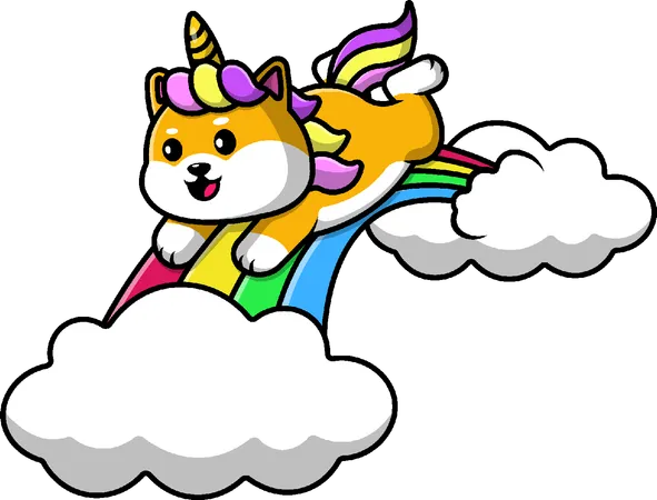 Shiba Inu Dog Unicorn Sleeding On Rainbow Cloud  Illustration