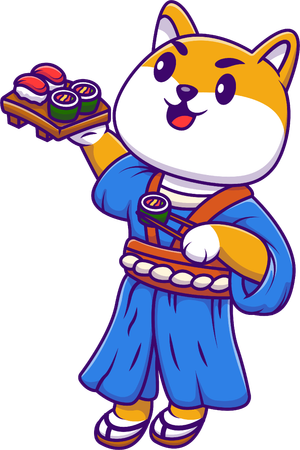 Shiba Inu Dog Wearing Kimono Holding Sushi  Illustration