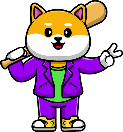 Shiba Inu Dog With Baseball Bat With Jacket And Peace Hand  Illustration