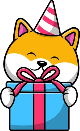 Shiba Inu Holding Birthday Gift Box  Illustration