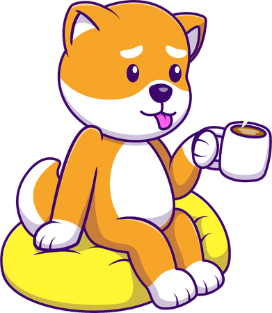 Shiba Inu sentado sobre una almohada sosteniendo una taza de café caliente  Ilustración