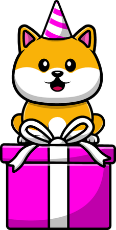 Shiba Inu sentado na caixa de presente de aniversário  Ilustração