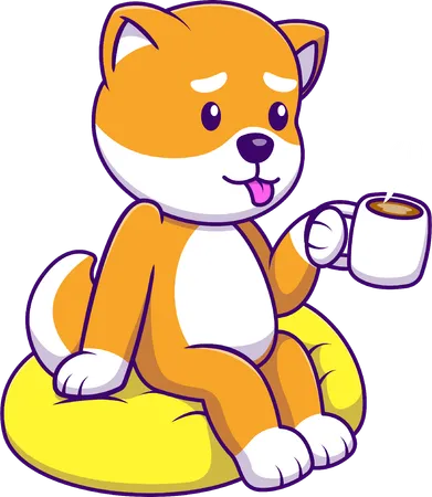 Shiba Inu sentado no travesseiro segurando uma xícara de café quente  Ilustração