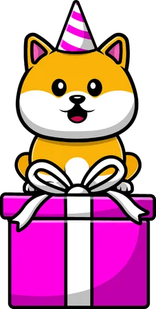 Shiba Inu Sitting On Birthday Gift Box  Illustration